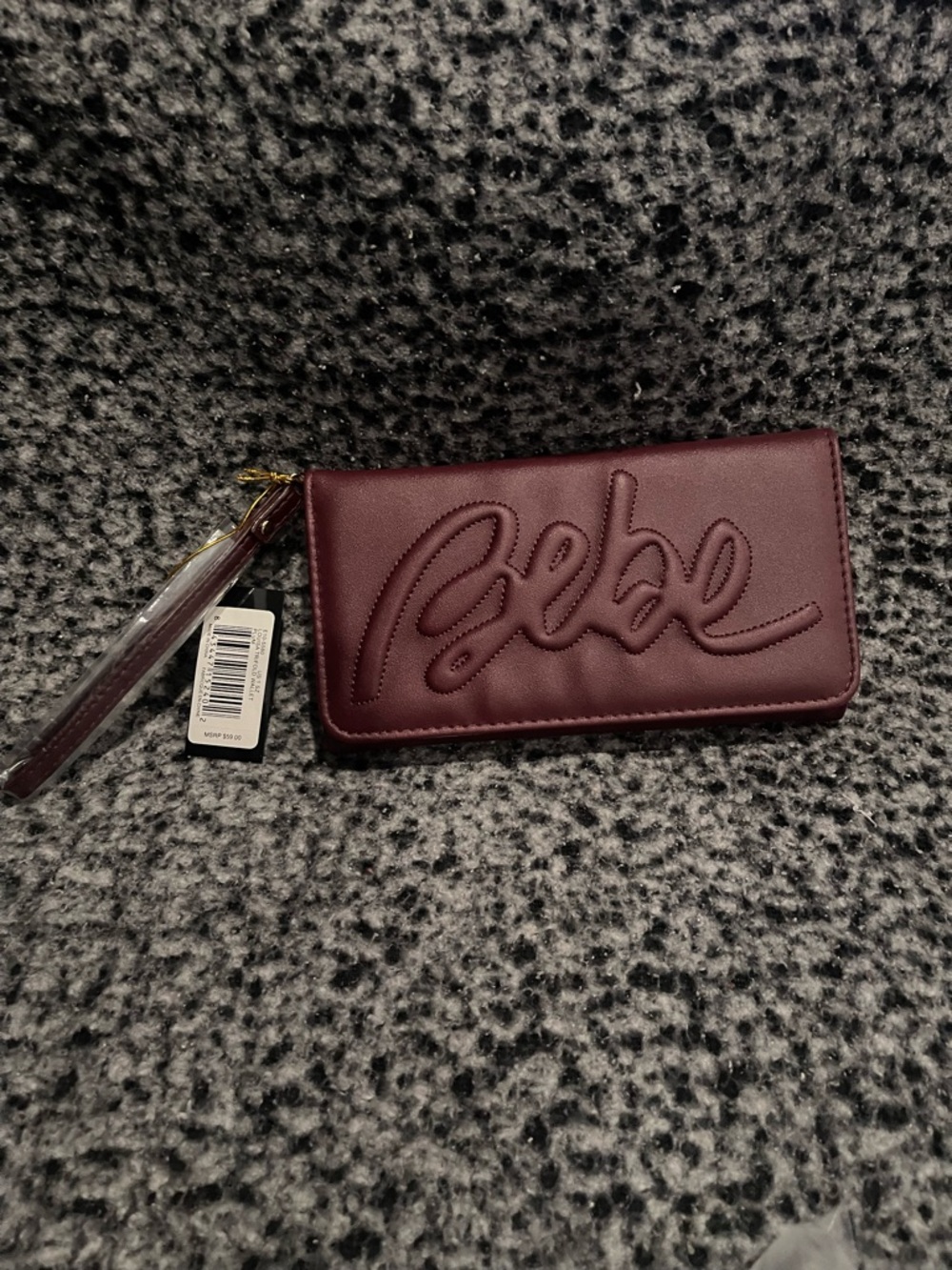 bebe Quilted Script Tri-Fold Wristlet - Burgundy